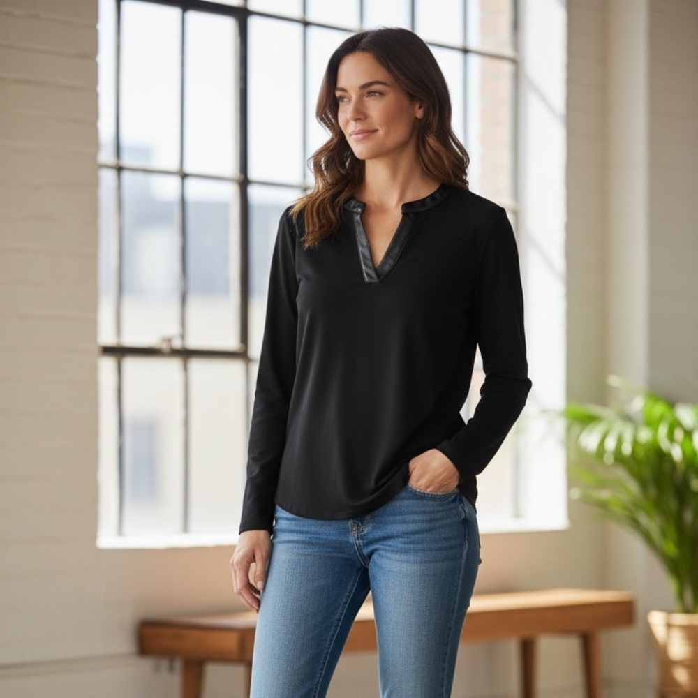 Anne Klein Black Leather Trim Top